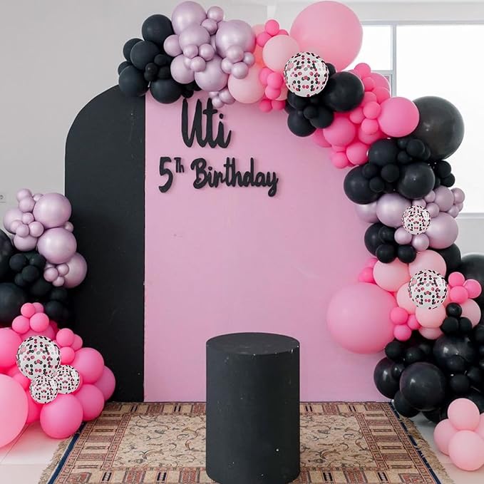 Pink and Black Balloons, 12 Inch Hot Pink Black Balloon with Confetti Balloons for Girls Women Birthday Baby Bridal Shower Wedding Theme Party Decoration