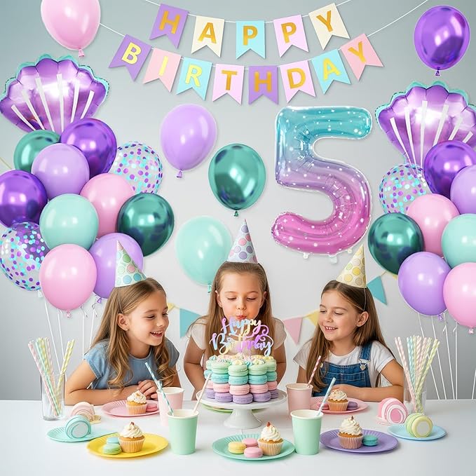 5th Mermaid Birthday Decoration for Girls,Pink Purple Green 5th Birthday Balloon Number 5 Seashell Foil Balloons Banner Mermaid Sea Party Decor Supplies for 5 Year Old