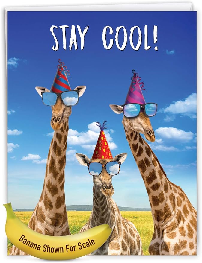 NobleWorks - Hilarious Happy Birthday Card with Envelope (8.5 x 11 Inch) - Funny Animal Greeting Card From All Of Us - Cool Giraffe J6335BDG-US
