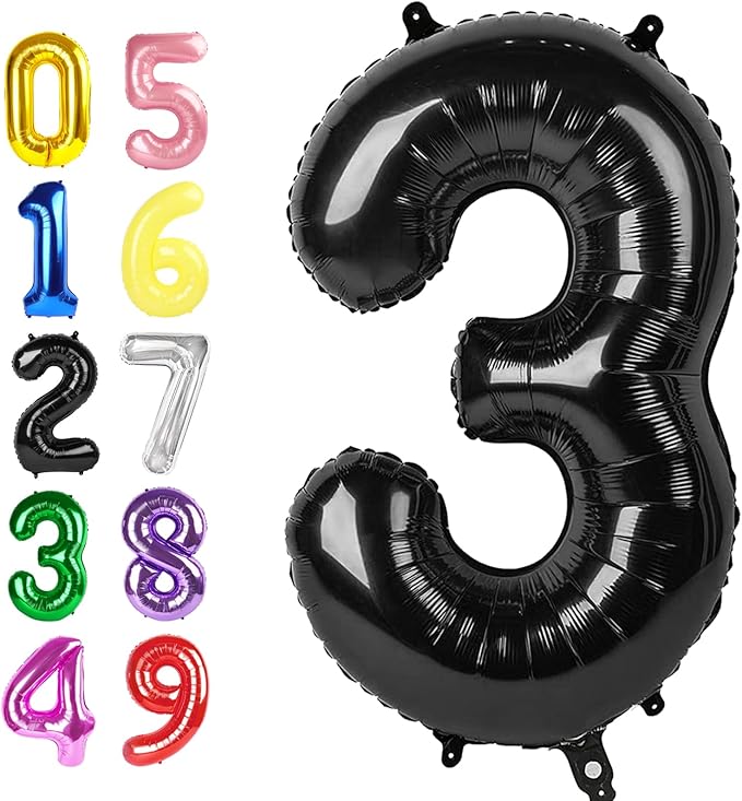 Number Balloons 40 Inch 3 Balloons for Birthday Party Decoration, Black Number 3 Ballon for 3, 13, 23, 30 Celebration, Boy and Girl Birthday, Christmas, Anniversary Decor