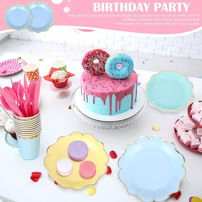 Yaomiao 168 Pcs Pastel Scalloped Paper Plates Cups Napkin with Gold Foil Pastel Party Disposable Dinnerware Set Easter Party Supplies Serve 24 Guests Macaron Princess Birthday Baby Shower Decorations