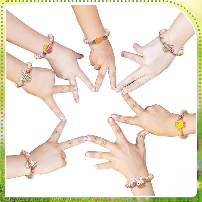 Tondiamo 30 Pcs Easter Party Bracelets Gifts Bulk Easter Bunny Egg Chick Carrot Polymer Clay Beaded Bracelets Bulk for Party Supplies Basket Stuffers Egg Fillers Gifts