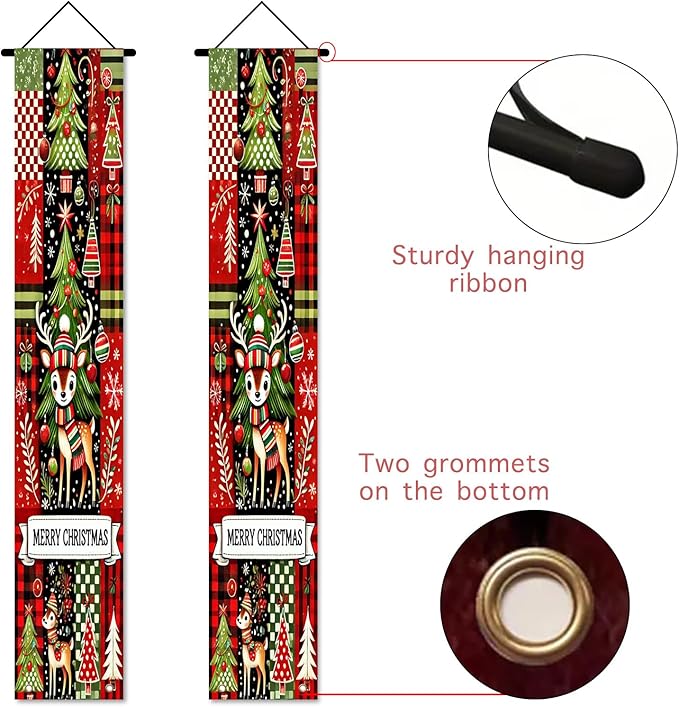Nuxovilar Christmas Decorations Outdoor Yard Front Porch Sign Set, Red Black Plaid Christmas Tree Reindeer Door Banners for Front Door, Hanging Xmas Decor for Home Indoor Outdoor Wall Yard