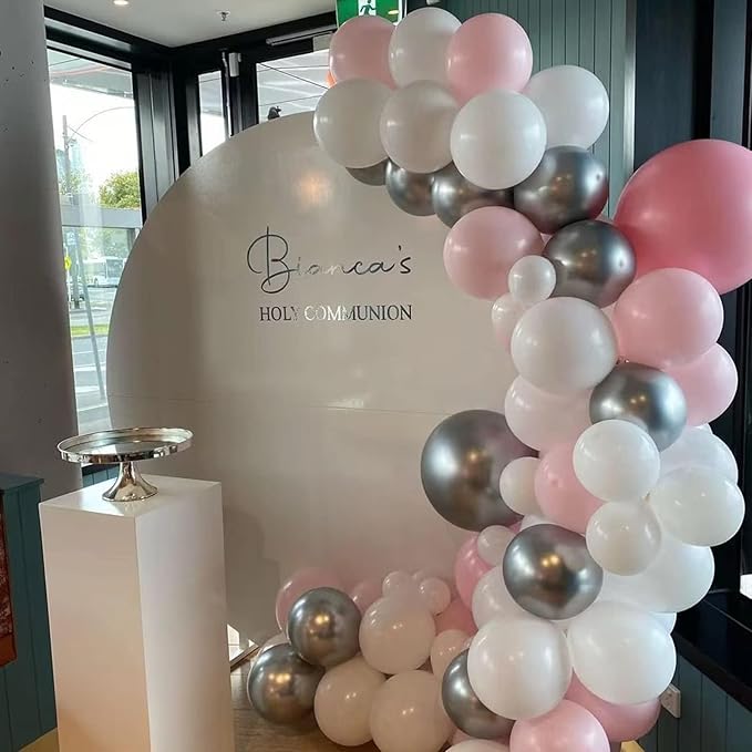 Pink and Silver Balloon Arch Kit, Metallic Silver Macaron Pink Balloon Garland Kit, Helium Latex Balloons Different Sizes for Wedding Bridal Shower Baby Shower Party Decorations