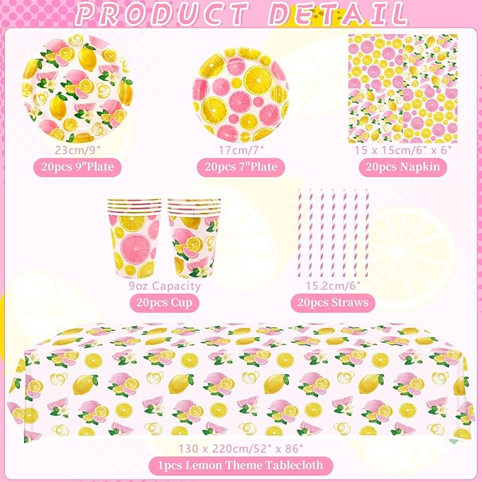 Pink Lemon Party Decoration - Lemon Birthday Party Tableware Supplies Includes Plates, Cups, Napkins, Tablecloth, Straws (20)
