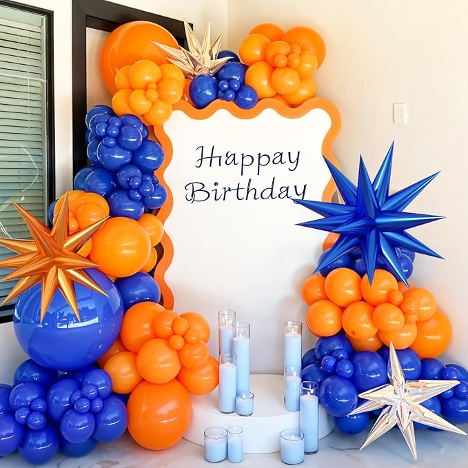 Orange and Blue Balloon Arch Garland Kit, Royal Blue Metallic Gold Orange Balloons with Star Foil Balloons for Boy Men Birthday Party Graduation Decorations Baby Shower Backdrop