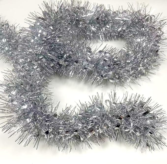 33Ft Christmas Tinsel Garland Shiny Thick Tinsel Xmas Tree Decor Metallic Twist Foil Garland for New Year Parties Birthday Party Thanksgiving Day Parade Floats Indoor Outdoor Supplies - Silver