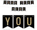 Andaz Press Fully Personalized Faux Gold Glitter on Black Party Banner Decorations, Your Text Here, Approx 5-Feet, 1-Set, Birthday Graduation Anniversary Wedding Colored Hanging Pennant Decor, Custom