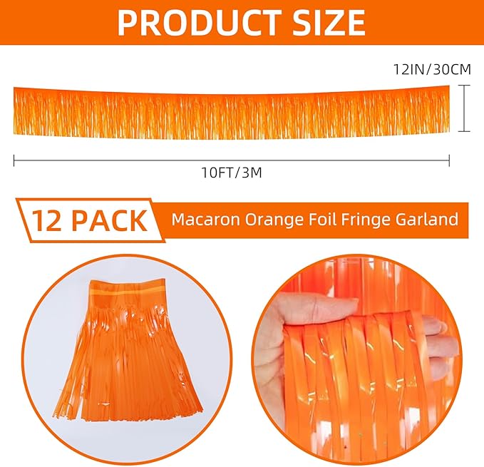 12 Pack 10 Feet Metallic Foil Fringe Garland Tinsel Streamers Banner, Macaron Orange Wall Hanging Tinsel Fringe Banners for Parade Floats, Wedding, Birthday, Christmas, New Year Party Decorations