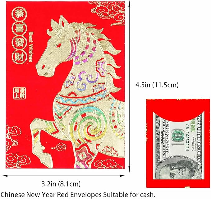 Red Envelopes Chinese New Year Of The Horse 2026,红包, Lucky Money Envelopes For Lunar New Year, Li Xi Chinese Feng Shui Coins I-Ching Fortune Coin for Health Wealth Hongbao 36Pcs Medium and 60 Coins
