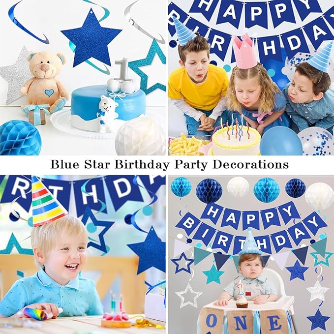 Blue Birthday Decorations, Happy Birthday Banner with Honeycomb Balls, Stars Hanging Swirl Streamers, Buntings Circle Dots Garland, Party Decorations for Women Men Boys Girls (Blue)