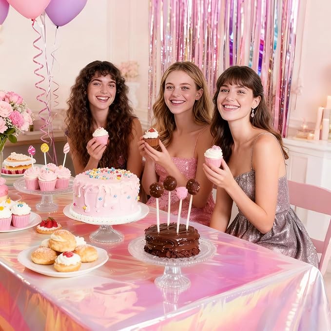3-Pack Pink Iridescent Tablecloths, Holographic Glittering Foil Disposable Tablecloths, 54 inches x 108 inches, Suitable for Birthday, Wedding, and Holiday Party Decorations