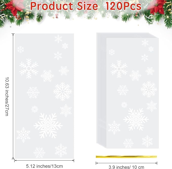 Aegero 120 Pcs Christmas Cellophane Treat Bags, Xmas Gift Candy Goodies Bags with 140 Pcs Twists for Xmas Party Favor Supplies,Kids Party Favors,Snacks Cookies Packing(10.63 x 5.12 inches,Christmas02)