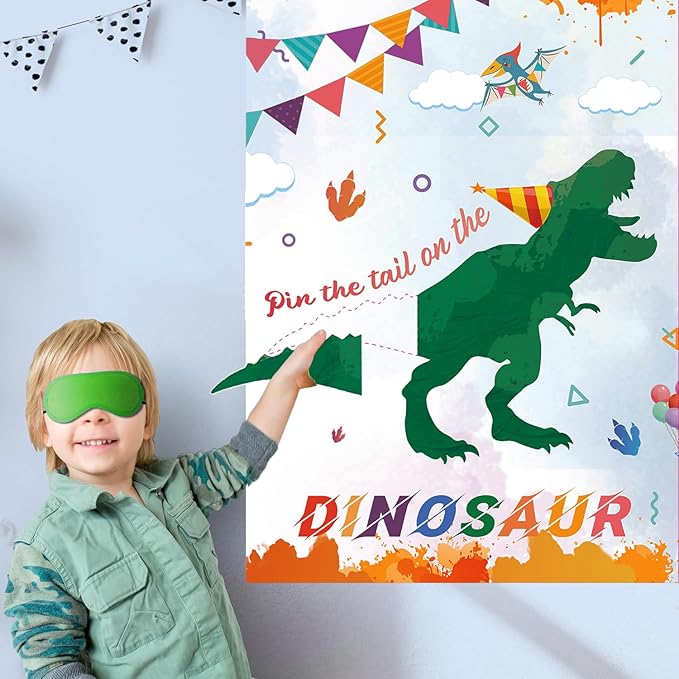 T-Antrix Pin The Tail on The Dinosaur Game -Dinosaur Party Games for Kids Boys with 21'' x 28'' Poster, Reusable Tails Party Supplies for Kids Girls Birthday Party Favor Sets