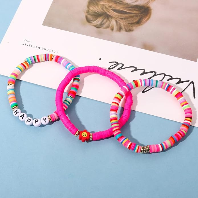 Surfer Heishi Bracelets for Women Stackable Rainbow Vinyl Disc Clay Beaded Stretch Bracelets Elastic Layering Friendship Bracelets Boho Summer Beach Jewelry