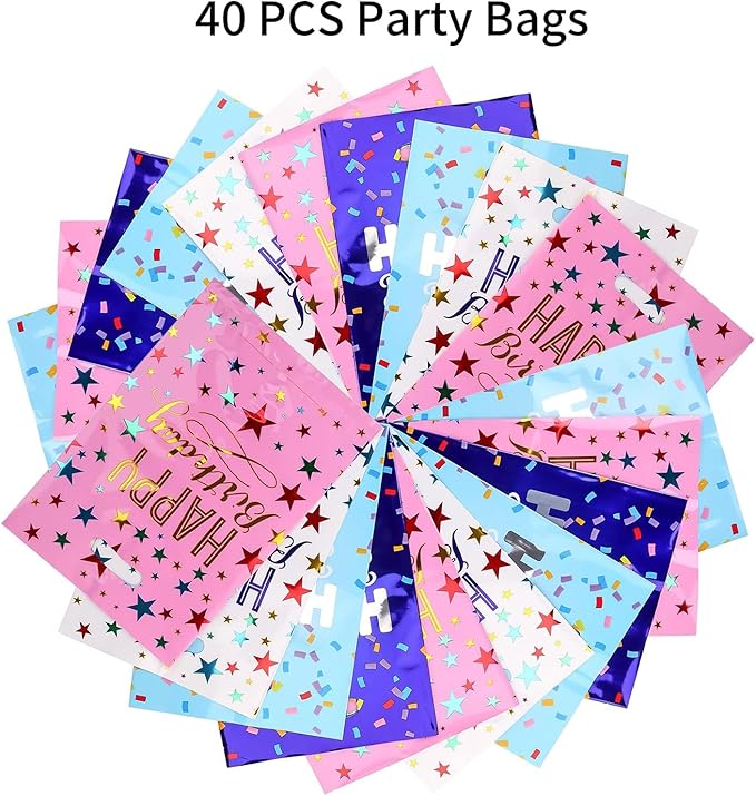 6.7 * 9.8inch Happy Birthday Party Favor Bags 40 PCS, Plastic Goodies Loot Gift Bags Bulk for Kids Baby Girls & Boys Birthday Party Supples (B Style 40 Packs)