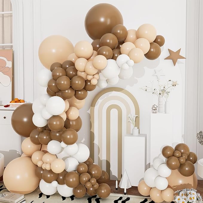 Netural Brown Balloons Arch Kit,144pcs Teddy Bear Balloons Garland Kit with Brown Nude and White Latex Balloons for Baby Shower Neutral Woodland Wedding Safari Birthday Party Decorations