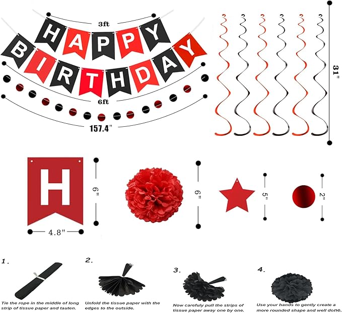 Red and Black Birthday Decorations, Black Happy Birthday Banner, Red Happy Birthday Decorations for Men Women and Girls Birthday Party Decorations