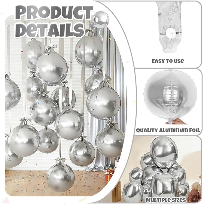 12 Pcs Silver Foil Balloons, 22" 15" 10" 4D Ball Shape Balloons Mirror, Different Size Metallic Silver Balloons for Disco Graduation Birthday Wedding New Year Baby Shower Party decorations Backdrop