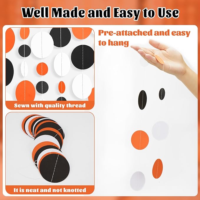 GCQQ 52Ft Black Orange White Garland Orange and Black Paper Circle Dot Streamers Halloween Polka Dot Garlands for Graduation Party Fall Autumn Thanksgiving Wedding Birthday Baby Shower Decoration