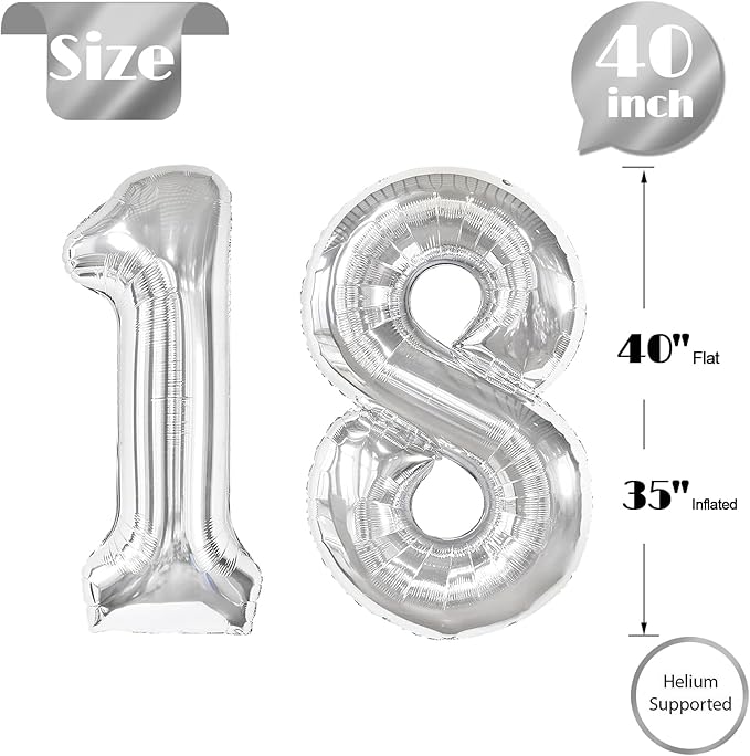 18 Balloon Number, Silver Number 18th Birthday Balloons 40 Inch, 18 Years Old Silver Birthday Decorations for Boys Girls, 18th Anniversary Decorations