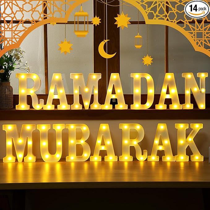 14 Pcs Ramadan Mubarak Large LED Letter Sign Powered Battery Light Hanging Decor for Party Decorations Indoor Outdoor
