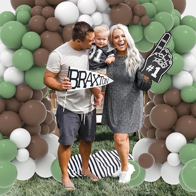 Football Balloon Garland Arch Kit, 122 PCS Sage Green Coffee Brown White Balloons, Football Birthday, Rugby, Sport Party Decorations