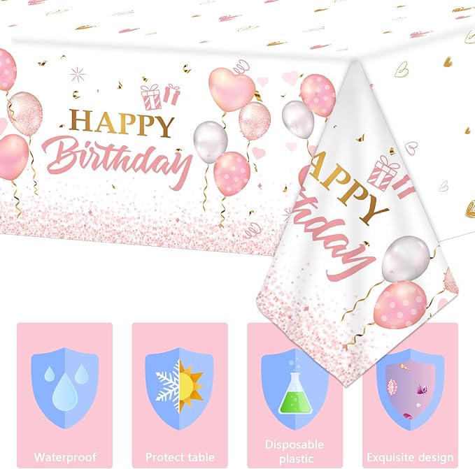 3 Pieces Pink Rose Gold Tablecloth for Rose Gold Birthday Decoration Plastic Disposable Party Table Covers for Rectangle Tables Girl Women Parties Happy Birthday Wedding Party Favors, 54 x 108 Inches