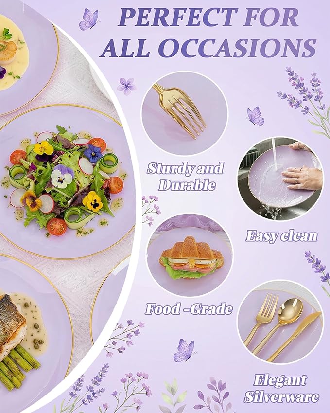 bUCLA 150PCS Purple Plastic Plates - Light Purple and Gold Disposable - Include 25 Each (Dinner & Dessert) lavender Plates, 25 Knives, 25 Forks, 25 Spoons & 25 Cups for Party, Easter & Wedding
