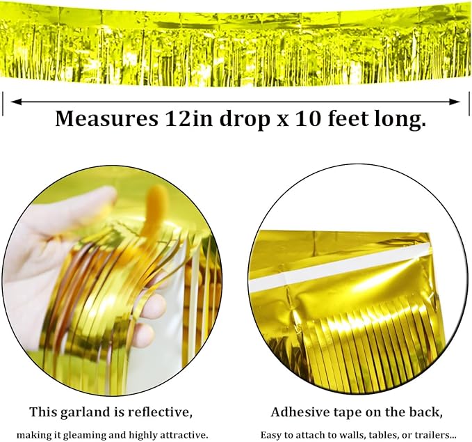 3 Pack Gold Total 30 Feet Foil Fringe Garland Metallic Tinsel Banner Wall Hanging Drapes Parade Float Skirting Decorations for Trailer Mardi Gras Party Birthday Wedding Baby Shower (Gold)