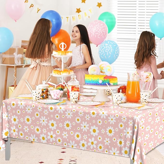 3Pack Tablecloth, Groovy Daisy Table Cover Pink Flower Birthday Party Decoration, Plastic Retro Hippie Boho Daisy Party Table Cloths for Girl Birthday Baby Shower Wedding Supplies