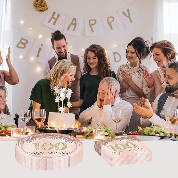 100th Rose Gold Birthday Plates and Napkins, 9 Inch Pink Rose Gold Disposable Dinner Dessert Plates Happy 100th Birthday Party Supplies Decorations for Girls Women