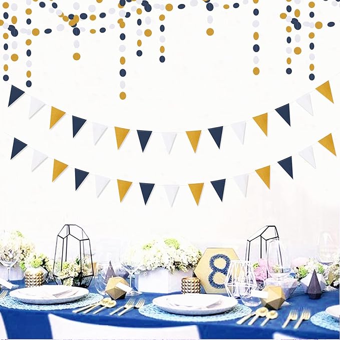 Navy-Blue White-Gold Party Decorations Banner - 2 Pack Men Birthday Graduation 2026 Glitter Sprinkles Paper Pennant Triangle Flags, Fathers Day Wedding Baby Bridal Shower Bunting Lasting Surprise