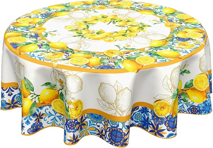 Lemon Round Tablecloth 70 Inch Yellow and Blue Circle Table Cloth Summer Holiday Table Cover Washable Polyester Decorations for Season Home Kitchen Dinning Party