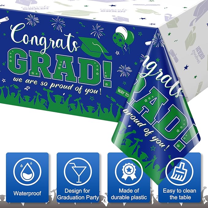 6 Pack Graduation Tablecloth Party Decorations, Class of 2026 Congrats Grad Plastic Tablecover Party Supplies, Blue and Green Rectangle Graduation Table Decor for College High School Party, 54x108Inch