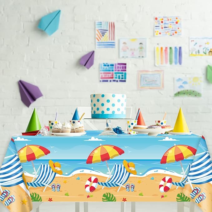 Tevxj 3 Pieces Summer Beach Tablecloths for Hawaiian Decorations Plastic Disposable Pool Surfboard Party Table Covers for Rectangle Tables Birthday Baby Shower Party Supplies Favors, 54 x 108 Inches