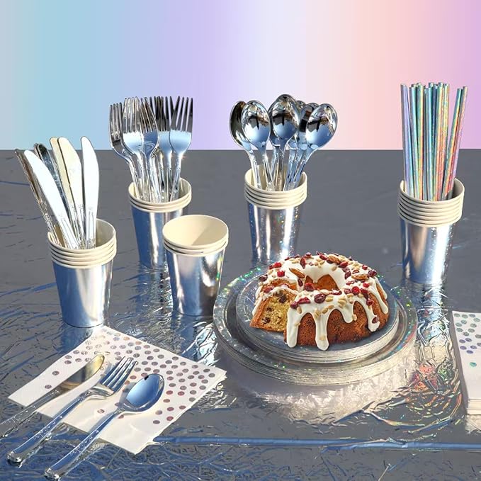 201-piece disposable party tableware set with paper plates, cups, napkins, straws, tablecloths, plastic knives, forks and spoons for a variety of party occasions for up to 25 people (Silver Star)