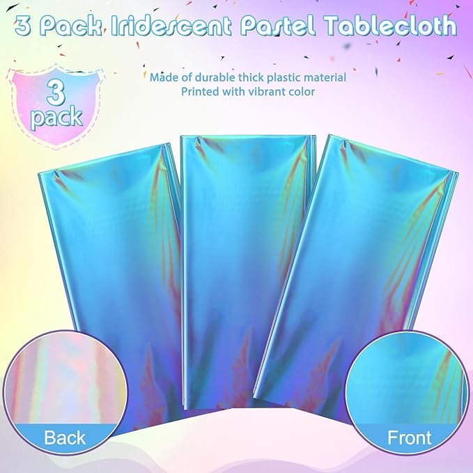 3 Pack Iridescent Pastel Plastic Tablecloth, Shiny Disposable Laser Rectangle Table Covers, Holographic Foil Tablecloth Iridescent Party Decorations for Spring Easter Baby Shower Birthday, 54x108Inch