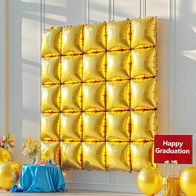 NISOCY 36PCS Gold Square Foil Balloons Wall Backdrop Metallic Double Sided Gold Christmas Balloons Tunnel Arch Kit for New Year Birthday Anniversary Graduation Party Decorations
