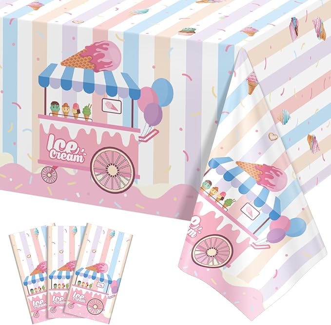 3 Pack Ice Cream Tablecloths Party Decorations, 54 x 108 Inch Disposable Ice Cream Birthday Themed Table Cloth Waterproof Rectangle Party Table Cover for Kids Sweet One Birthday Baby Shower
