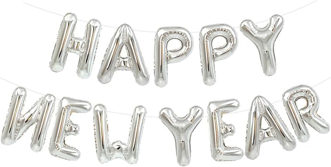 TONIFUL Silver Happy New Year Balloons 16 Inches Mylar Foil Letter Sign Banner balloon For 2025 New Years Eve Party Anniversary Decor Home Party Decorations