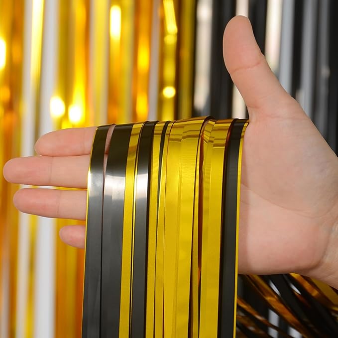 Melsan Black and Gold Fringe Curtain Photo Streamers Backdrop 3.2ft X 8ft for New Years EVE, Graduation, Retirement and Birthday Party Decorations - Pack of 2