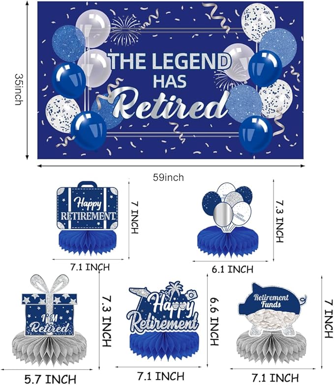 Happy Retirement Party Decorations Men Women, Blue Silver Retirement Party Decorations, Happy Banner, Backdrop, Hanging Swirls, Honeycomb Centerpiece