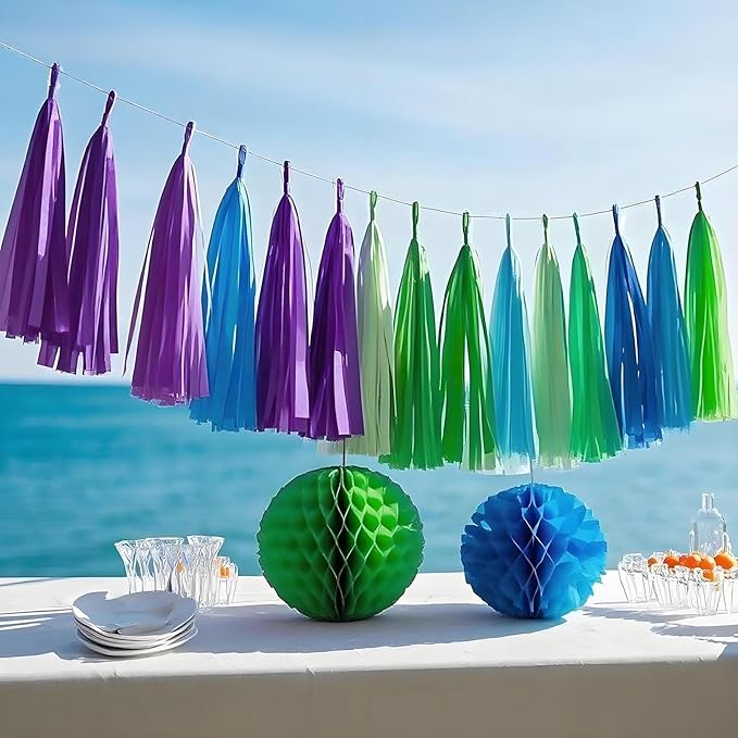 Blue Green & Purple Paper Tassel Garland Banner - Vibrant Tri-Color Handmade Paper Tassels for Party Decorations, Wedding Backdrop, DIY Crafts (30-Pack)