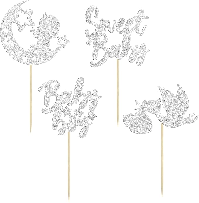 24Pcs Baby Shower Boy Cupcake Toppers Silver Glitter Moon Star Sweet Baby Boy Cupcake Picks Decorations for Gender Reveal Baby Shower Kids Boys Birthday Party Supplies
