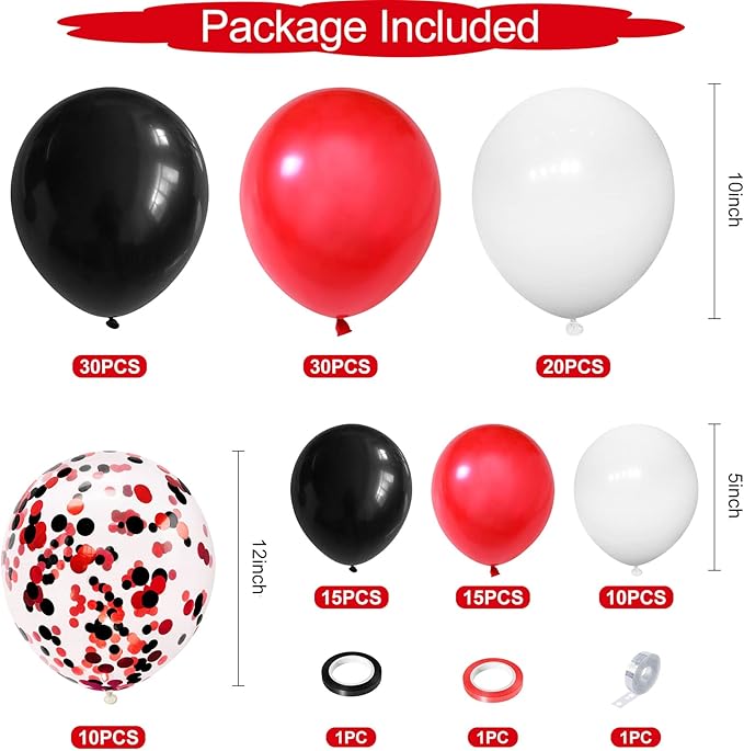 130PCS Red Black White Balloon Garland Arch Kit, 12 10 5 inch Red and Black White Balloons with Confetti Balloons, Latex Party Balloons for Baby Shower Wedding Circus BBQ Casino Poker Cars Decoration