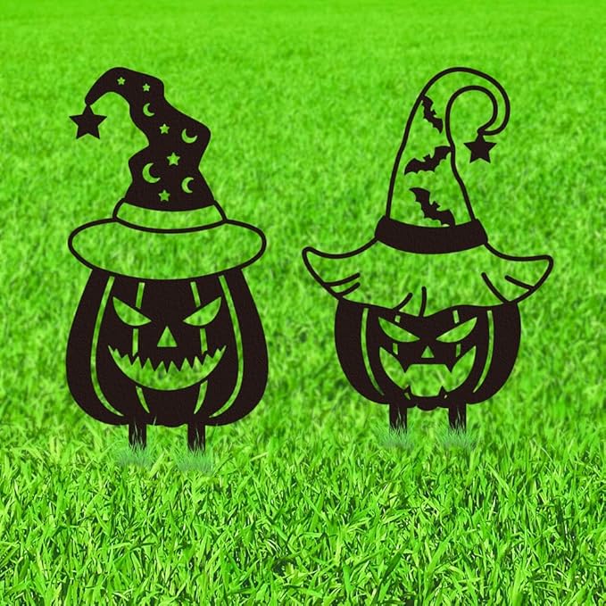WADORN 2Pcs Halloween Pumpkin Metal Decorative Garden Stakes, Halloween Bat Black Metal Yard Decoration Stakes Pumpkin Silhouette with Witch Hat Garden Ornament Gifts for Outdoor Backyard Lawn Patio
