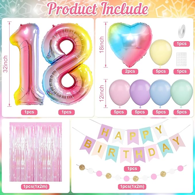 18th Birthday Decorations Rainbow,Gradient Number 18 Balloon,Pastel Happy Birthday Banner Fringe Curtain Heart Foil Balloons Boys Girls 18 Year Old Decor