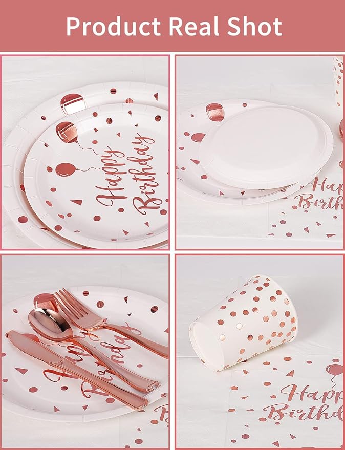 Birthday Party Tableware, 161 Pieces Rosegold Party Supplies, Party Dinnerware Sets Include Paper Plates Napkins Cups Silverware, for Shower Engagement Parties Decoration -20 Serves