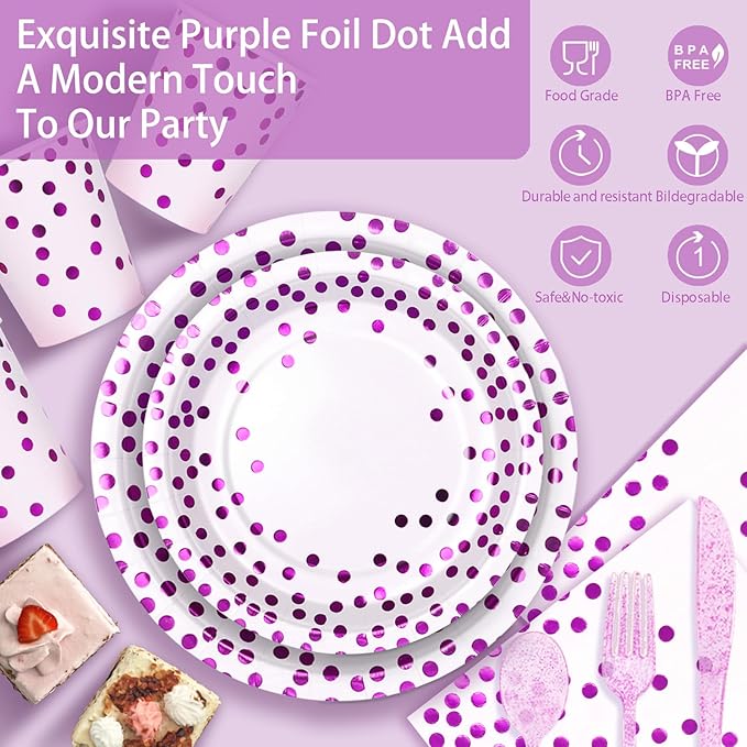 Purple Birthday Plates Decorations Party Supplies,168PCS Disposable Plates for 24 Guests - Purple Polka Dots Decorations for Birthday, Retirement, Wedding